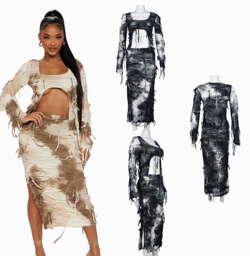 Sharee Ready To Ship Tie Dye Street Womens Fall Clothing Womens Tassel Lace Up Long Sleeve Crop Tops 2 Pieces Skirt Set