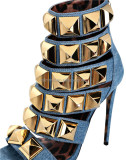 New women's square rivet leopard print denim stiletto women's sexy high heel sandals pour femmes sandals for ladies