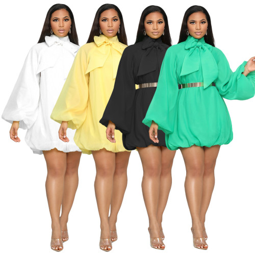 Fall 2023 Women Clothes Solid Color Loose Bow Chiffon Dress Fashion Long Puff Sleeve Elegant Ladies Dress