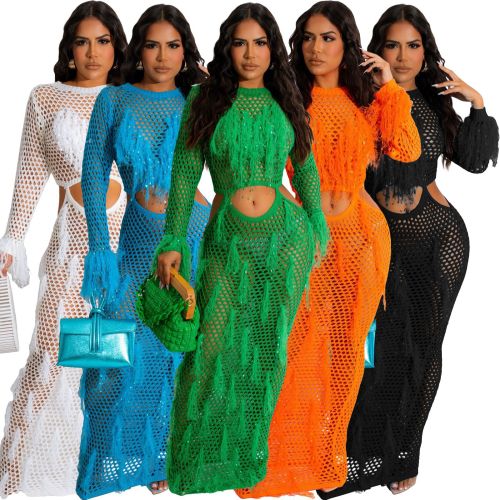 Sharee Fall Long Sleeve Dresses Sequins Hollow Tassel Manual Crochet Dress Sexy Bodycon Mesh Dress