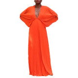 C8538 Latest Design Casual Summer Dress 2023 V Neck Bat Sleeve Loose Pleated Maxi Dresses Women Custom Dress