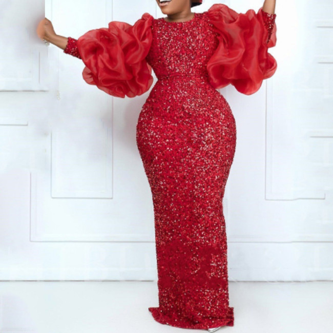 X8189 High Quality Embroidery Sequin Dress Puff Sleeve High Waist Elegant Party Dresses Women Gowns For Women Evening Dress