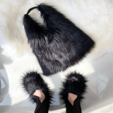 Handbag sets Pantuflas De Peluches Slip On Zapatillas Fluffy Plush Faux Raccoon Mongolian Hair Fox Fur Slides Slippers for women