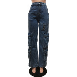 CM8689 High Quality Fashion New Arrivals Women's Denim Baggy Jeans Hollow Out Straight Cargo Pants Women Lady