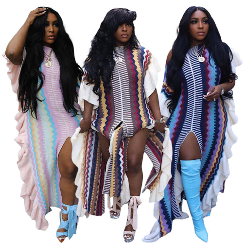 Sharee Wholesale Fall Stripe Pattern Knit Ruffle Dress Elegant Maxi Dress Fashionable Women's Clothing