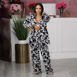 Fall 2023 Women Clothes Print Loungewear Women Sets Long Sleeve Cardigan Shirt Bra Straight Pants 3 Piece Set Women