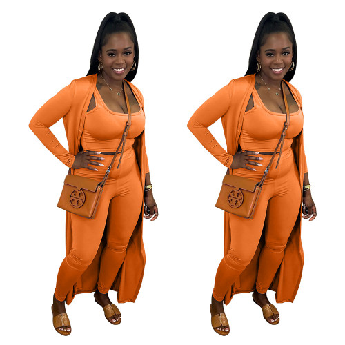 2023 Fashion solid color three-piece set long sleeve cardigan U-neck vest pencil pants fall outfits for women