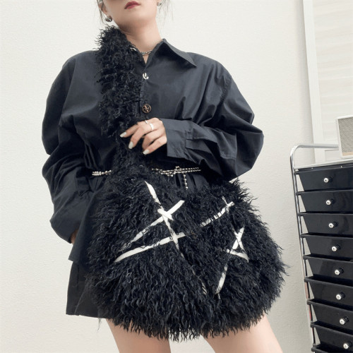 Women Fashion Luxury Curly Fur Shoulder Bags Furry Faux Mongolian Sheep Fur Toe Bag For Ladies