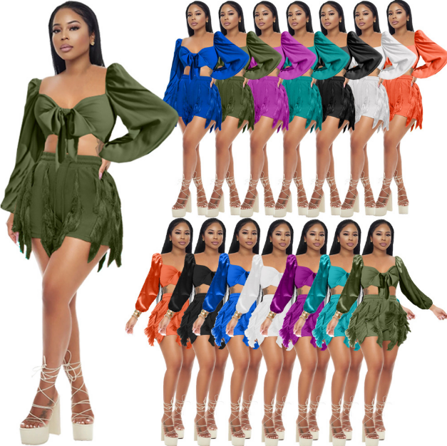 Sharee Women Fall Clothing 2023 Long Sleeve Crop Top Drawstring Tassel Shorts 2 Piece Set Women