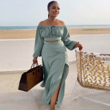Sharee Hot Sale Plus Size 2 Piece Set Fall Clothing Tube Top Puff Sleeves Two Piece Skirt Set