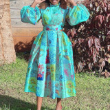 D3189 New Trendy Summer Dress High Waist O Neck Lantern Sleeves A-Line African Print Dresses Women Casual Dresses