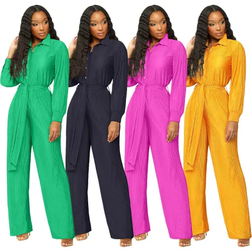 Fall 2023 Women Clothes Solid Long Sleeve High Waist Pants Loose Wide Leg Pants Pleats Rompers Jumpsuit for Women