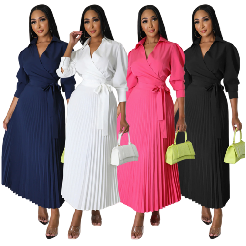 YQY10180 Latest Design Ladies Office Dress Long Sleeve Polo Neck High Waist Spring Summer Dresses Women Casual Pleated Dress