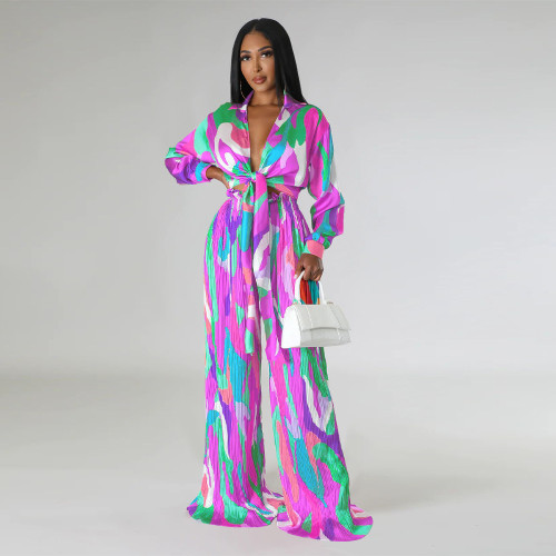 Fall Hot Selling Printed Deep V-neck Lace Up Long Sleeve Top Wide Leg Pants Fashion Casual Suit Pleated Two Pieces Pant Sets