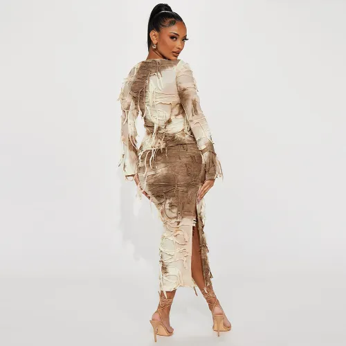 Sharee Ready To Ship Tie Dye Street Womens Fall Clothing Womens Tassel Lace Up Long Sleeve Crop Tops 2 Pieces Skirt Set