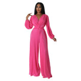 Wholesale Fashion Fall Long Sleeve Solid Color V-neck Pleats Jumpsuit Women Wide Leg Loose One Piece Women Jumpsuit