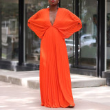 C8538 Latest Design Casual Summer Dress 2023 V Neck Bat Sleeve Loose Pleated Maxi Dresses Women Custom Dress