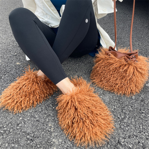 Wholesale Factory Supply Women New Design Fluffy Faux Fur Slide Slippers Fashion Small Size Faux Mongolian Sheep Fur Handbags Se