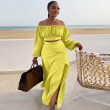 Sharee Hot Sale Plus Size 2 Piece Set Fall Clothing Tube Top Puff Sleeves Two Piece Skirt Set
