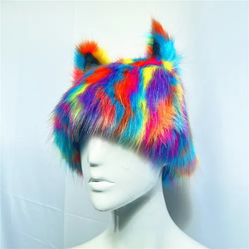 Rainbow Faux Fur Hat Cat Ears Winter Cap for Women 2023 Animal Hunter Hat Warm Fur Fuzzy Tie Dye Bucket Hat