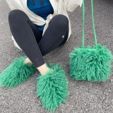 Chinese Factory Supply Fluffy Faux Fur Slides And Bags Sets Curly Hair Mongolian Fur Handbags Women Fashion Faux Fur Slippers