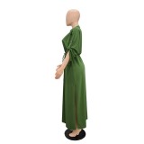 Latest Design Half Sleeve V Neck Stand Collar Office Dresses Women Formal Work Maxi Dress Drawstring Side Slit Summer Dress