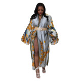 Maining New Ladies Printed Robe Loose Long Sleeve Cardigan Home Street Wear Silk Plus Size Overcoat