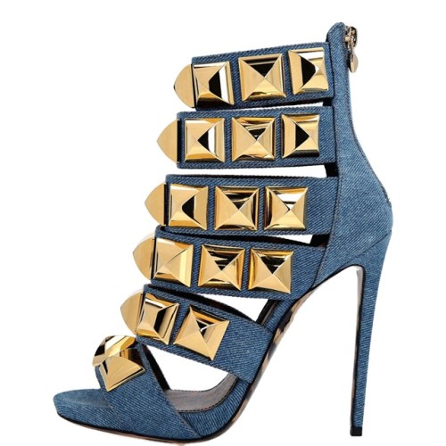 New women's square rivet leopard print denim stiletto women's sexy high heel sandals pour femmes sandals for ladies