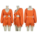 Sharee Women Fall Clothing 2023 Long Sleeve Crop Top Drawstring Tassel Shorts 2 Piece Set Women