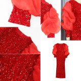 X8189 High Quality Embroidery Sequin Dress Puff Sleeve High Waist Elegant Party Dresses Women Gowns For Women Evening Dress