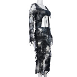 Sharee Ready To Ship Tie Dye Street Womens Fall Clothing Womens Tassel Lace Up Long Sleeve Crop Tops 2 Pieces Skirt Set