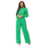 Fall 2023 Women Clothes Solid Long Sleeve High Waist Pants Loose Wide Leg Pants Pleats Rompers Jumpsuit for Women