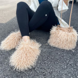 Chinese Factory Supply Fluffy Faux Fur Slides And Bags Sets Curly Hair Mongolian Fur Handbags Women Fashion Faux Fur Slippers