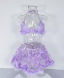 Women Mesh Lace Plush Lingerie Underwear Butterfly Purple Three Pieces Sets Women's Bra And Thong Backless Sexy Lingeries
