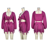 Sharee Women Fall Clothing 2023 Long Sleeve Crop Top Drawstring Tassel Shorts 2 Piece Set Women