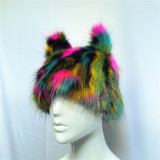 Rainbow Faux Fur Hat Cat Ears Winter Cap for Women 2023 Animal Hunter Hat Warm Fur Fuzzy Tie Dye Bucket Hat