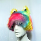 Rainbow Faux Fur Hat Cat Ears Winter Cap for Women 2023 Animal Hunter Hat Warm Fur Fuzzy Tie Dye Bucket Hat