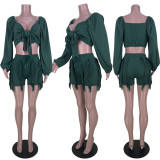 Sharee Women Fall Clothing 2023 Long Sleeve Crop Top Drawstring Tassel Shorts 2 Piece Set Women