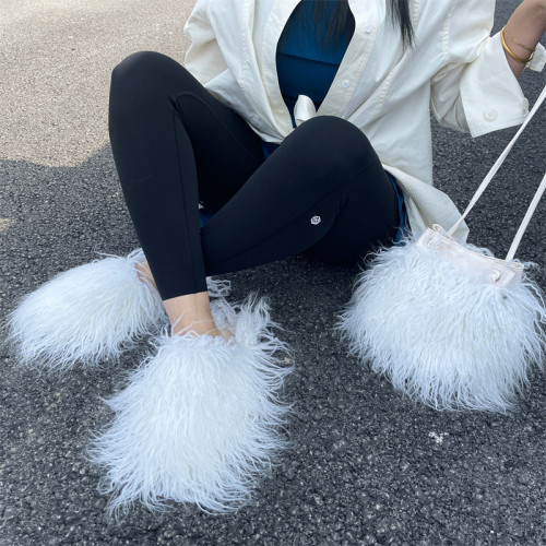 Chinese Factory Supply Fluffy Faux Fur Slides And Bags Sets Curly Hair Mongolian Fur Handbags Women Fashion Faux Fur Slippers