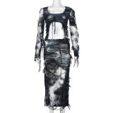 Sharee Ready To Ship Tie Dye Street Womens Fall Clothing Womens Tassel Lace Up Long Sleeve Crop Tops 2 Pieces Skirt Set