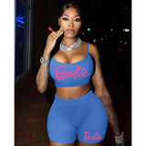 GX3494 Summer Sexy Street Wear Sleeveless Spaghetti Strap Letter Printed Crop Top and Shorts 2 Piece Set Women