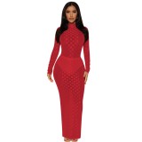 2023 New Arrival Autumn High Collar Long Dresses Sexy See Through Tight Dress Mesh Plaid Bodycon Dress For Women