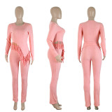 2023 New Arrivals Skinny Ladies Two Piece Pants Set Fall Women Clothing Irregular Tassel Tops And Trousers Set