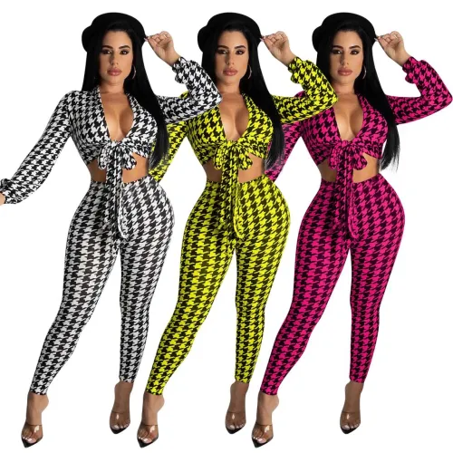 2023 Fashionable Print Two Piece Set Autumn Long Sleeve Bandage Crop Top Pencil Pant Sexy Women Two Piece Set