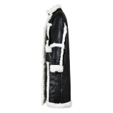 Winter Women Long Jacket Ladies Cardigan Outwear Fashion Patchwork Thick Soft Warm PU Leather Patchwork Fleece Fur Fluffy Coat