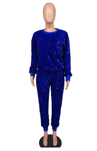 Fall 2023 Women Clothing Drop Shoulder Tops And Ankle Trousers Set Fashion Sequined Two Piece Pants Set