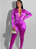 Sexy Women Clothes 2023 Fall New Fashion Solid Color Two Piece Pants Set Deep V-Neck Long Sleeve Top And Tight Long Pants Outfit