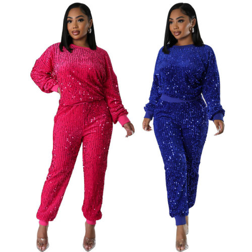 Fall 2023 Women Clothing Drop Shoulder Tops And Ankle Trousers Set Fashion Sequined Two Piece Pants Set