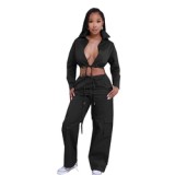 Fall 2023 Women Clothes Solid Color Casual Jogger Two Piece Pant Set Backless Bandage Crop Tops And Wide Leg Pant Set