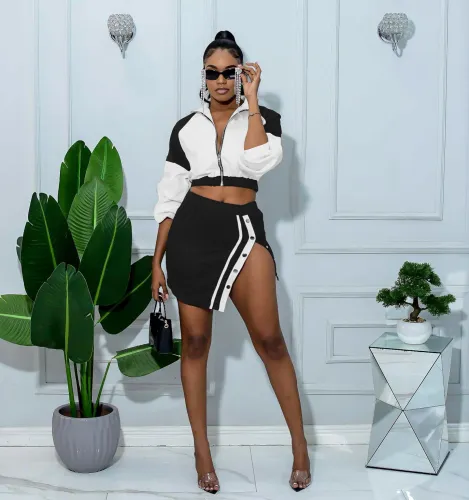 New Two Piece Set 2023 Fall Women Clothing Patchwork Zipper Crop Jacket And Slit Mini Skirt 2 Piece Set Women Skirt Set Outfits